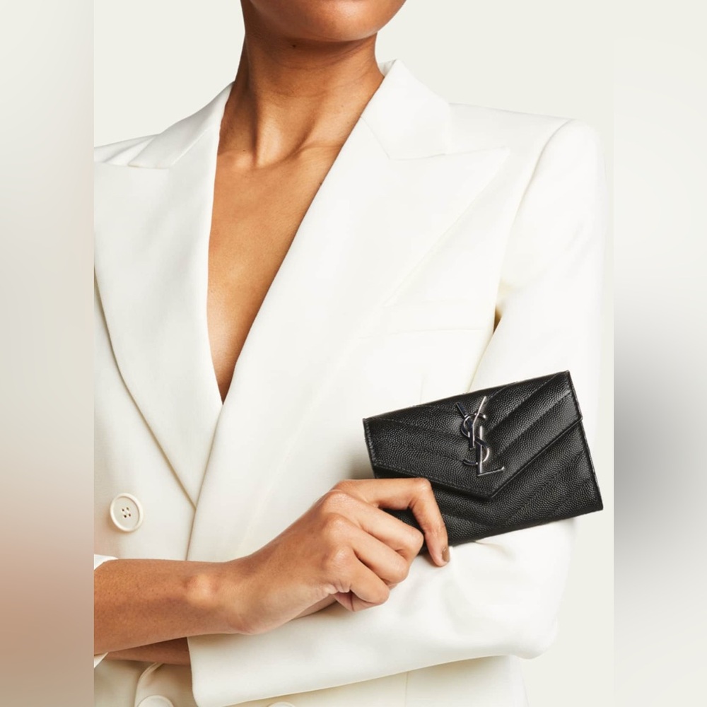 YSL Saint Laurent Small Envelope Black Chevron Leather Wallet $595 New